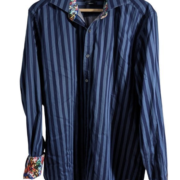 Bugatchi Button Up Shirt Mens Large‎ Colorful Rainbow Navy Stripe Flip Cuff - Picture 3 of 3